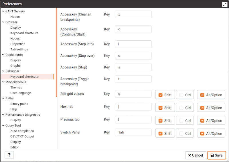 Preferences dialog - Debugger Keyboard Shortcuts section